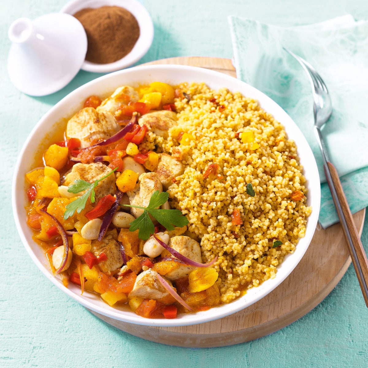 Chicken Tajine with dried apricots, vegetables and Spiced Couscous TIPIAK